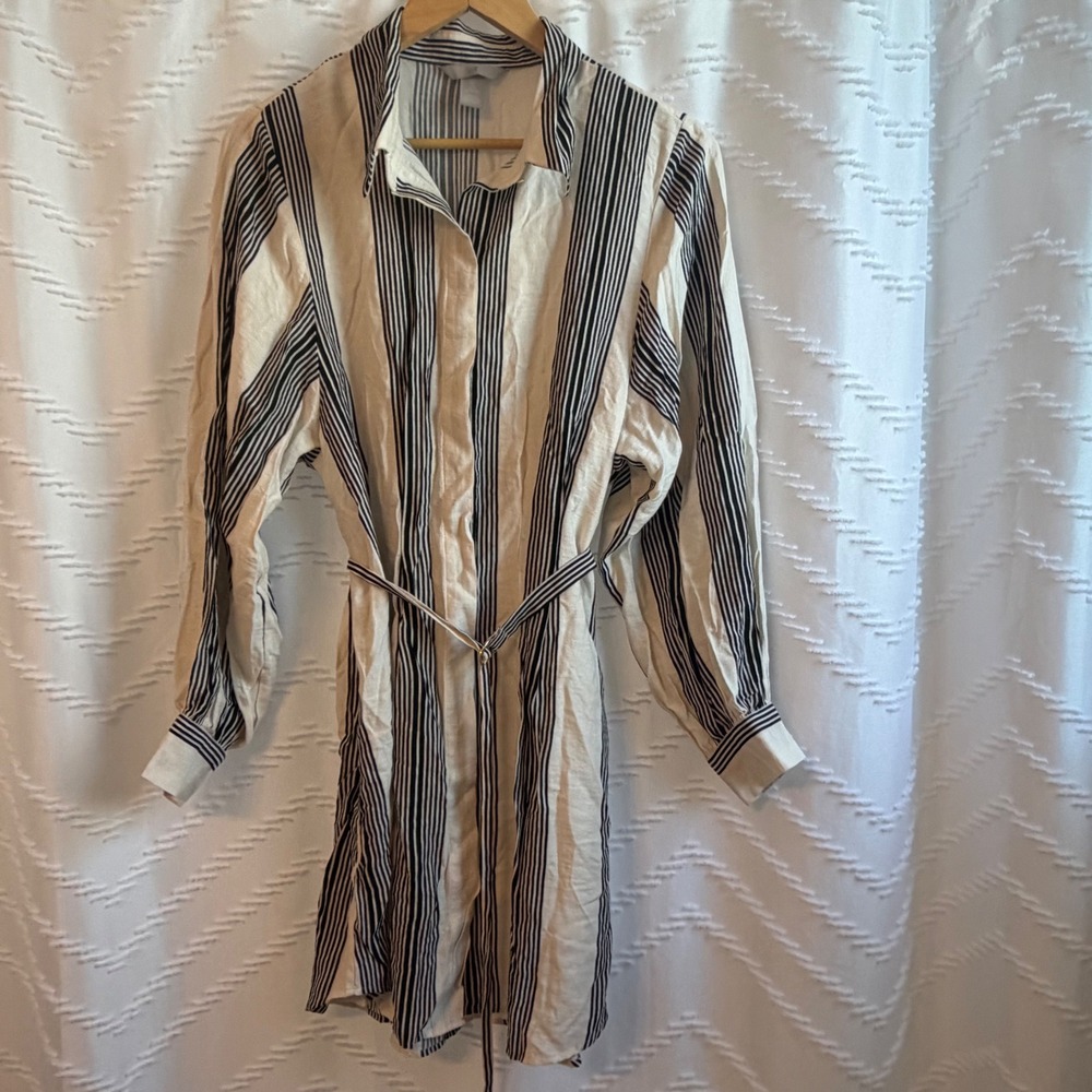 HM Womens Small Black Cream Striped Long Sleeve Button Front Mini Dress